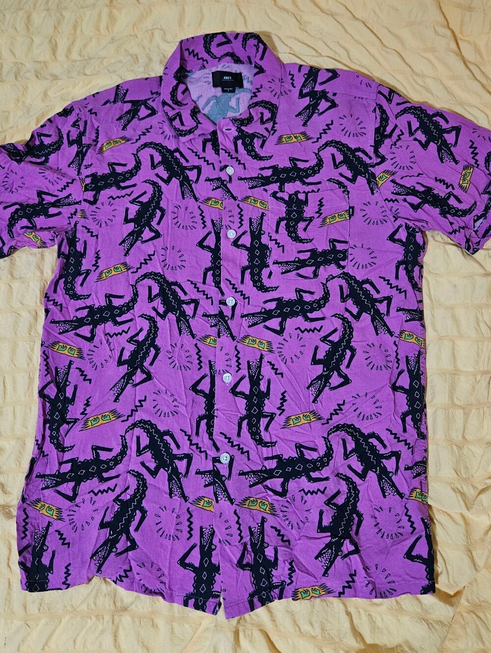 Obey Mens Size Small Short Sleeve Button Up Salazar Purple Pink Alligator Shirt
